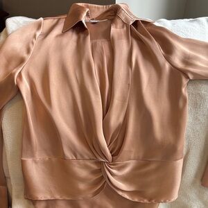 Ever New Twist-Front Satin Blouse - Camel in size 2